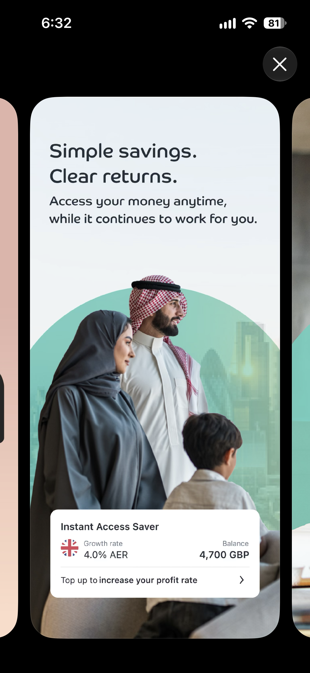 nomo App Store artwork showing a family and the Instant Access Saver account.