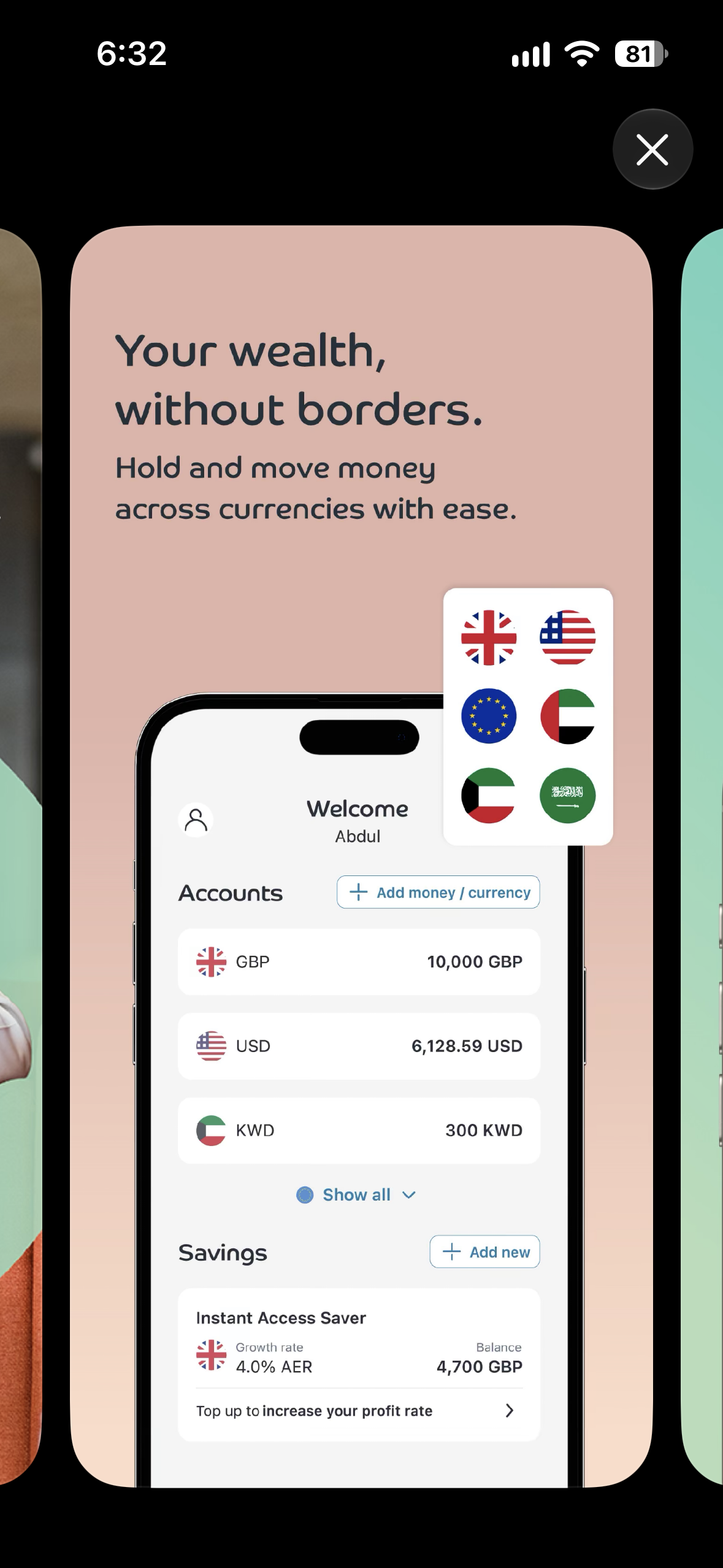 nomo App Store artwork showing accounts in multiple currencies and savings.