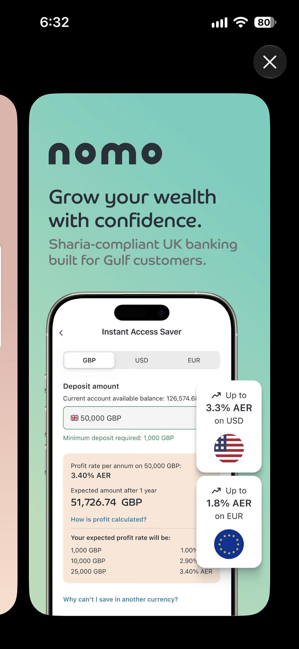 nomo App Store artwork showing an Instant Access Saver deposit and profit calculation.