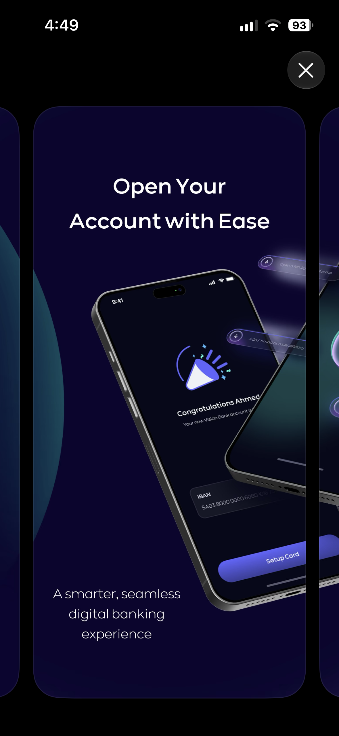 Vision Bank App Store artwork showing account opening and card setup.