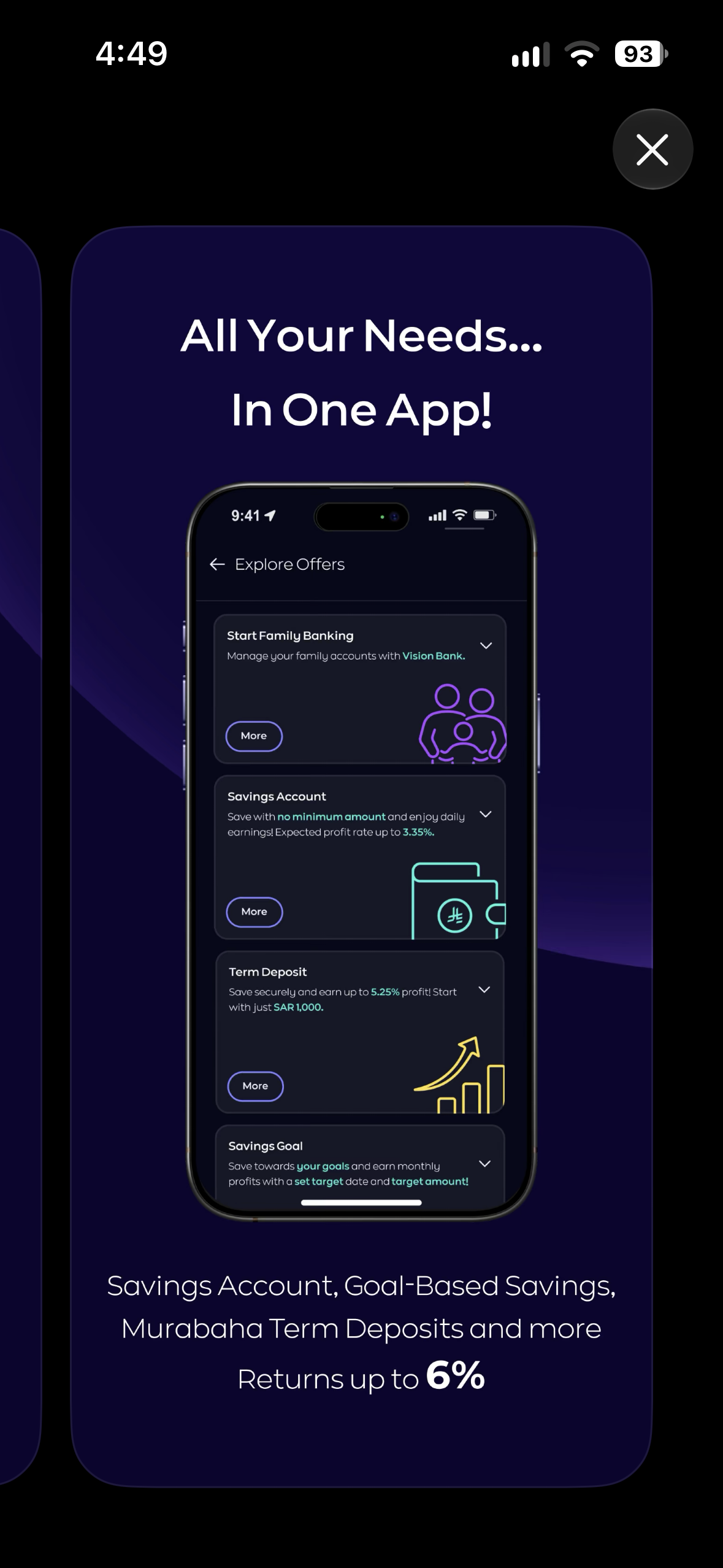 Vision Bank App Store artwork showing savings accounts, term deposits and savings goals.